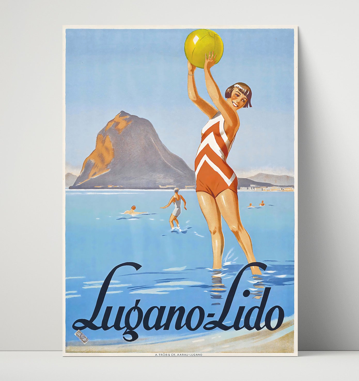 Lugano Lido Lake Vintage Travel Print 16x20 Unframed Print travel wall art print