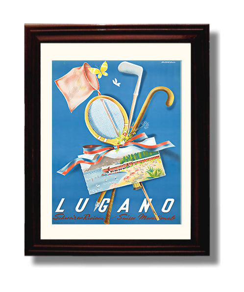 Lugano Vintage Travel Print 8x10 Beveled Frame travel wall art print