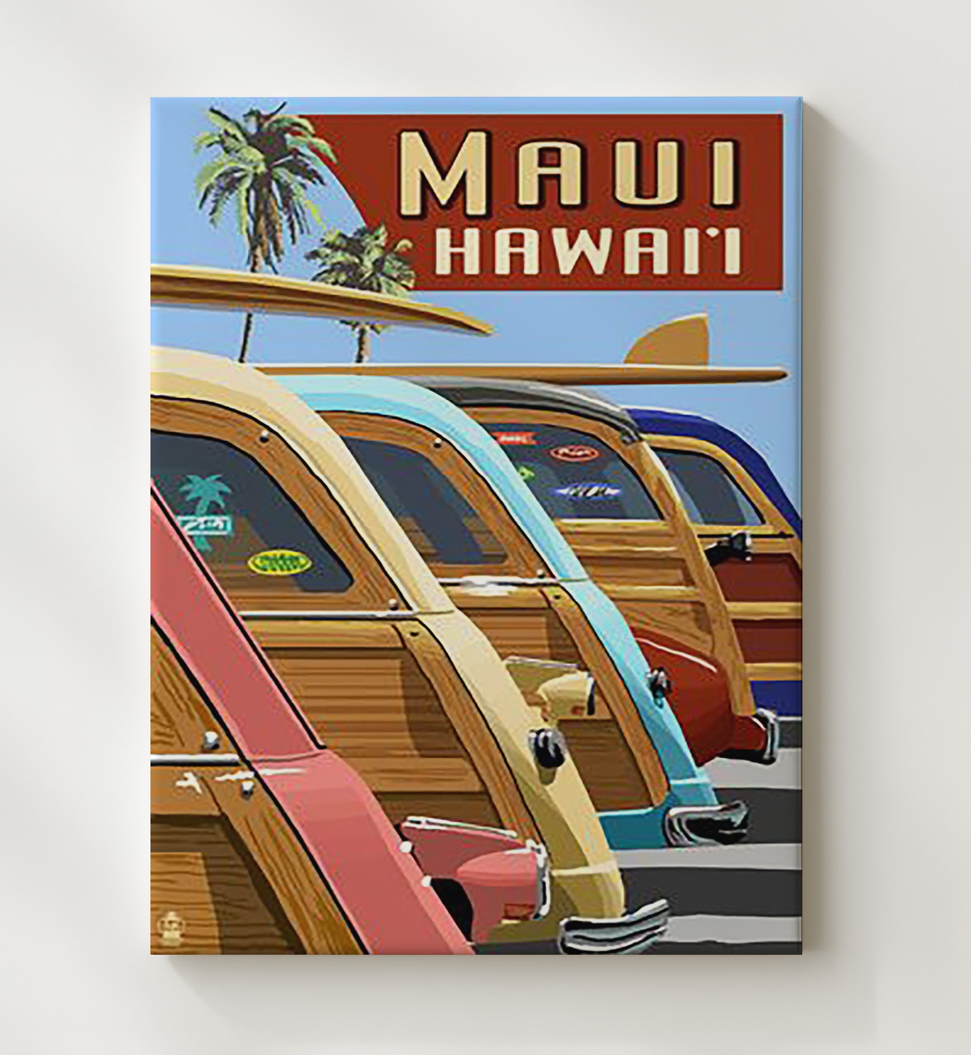Maui Surf Cars Palms Vintage Travel Print 20x24 Canvas travel wall art print