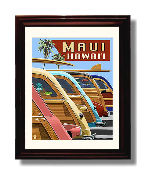 Maui Surf Cars Palms Vintage Travel Print 8x10 Beveled Frame travel wall art print