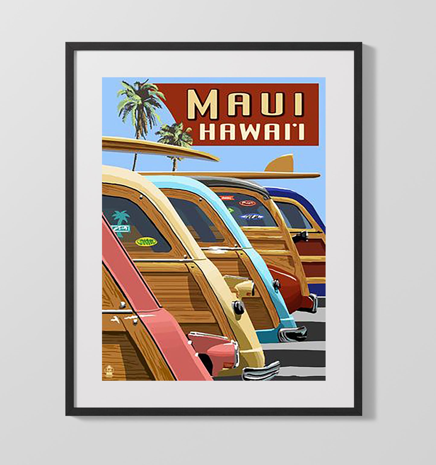 Maui Surf Cars Palms Vintage Travel Print 16x20 Gallery Frame travel wall art print