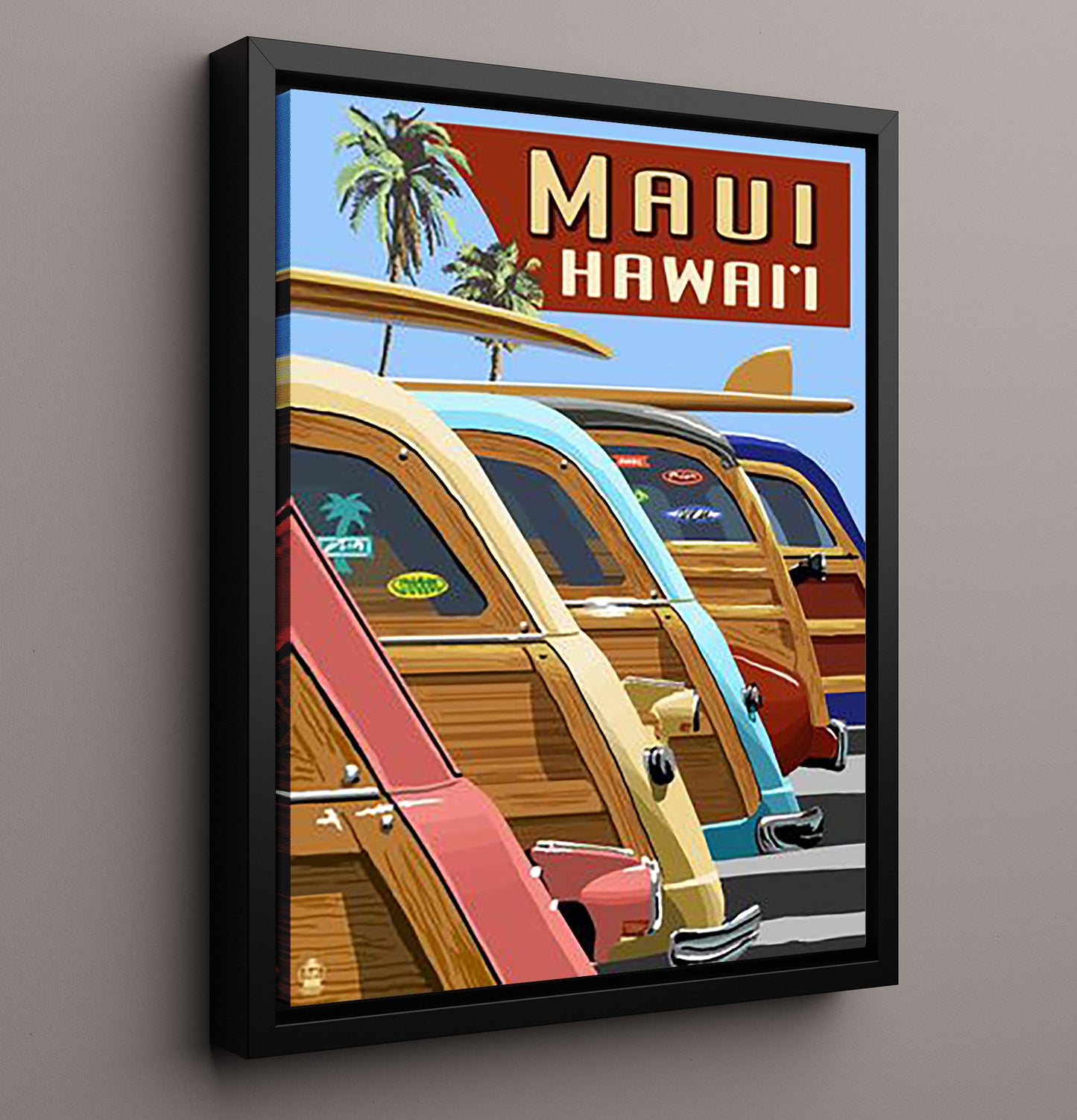 Maui Surf Cars Palms Vintage Travel Print 16x20 Framed Canvas travel wall art print