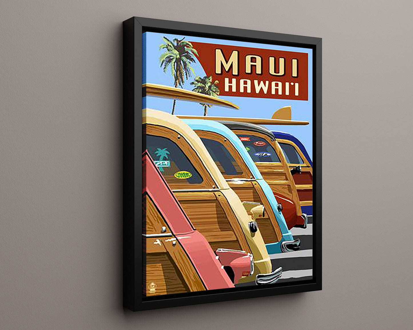 Classic Travel Poster - Maui - Surf Cars Palms