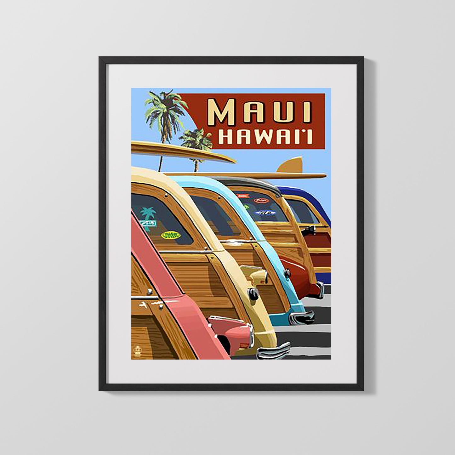 Classic Travel Poster - Maui - Surf Cars Palms