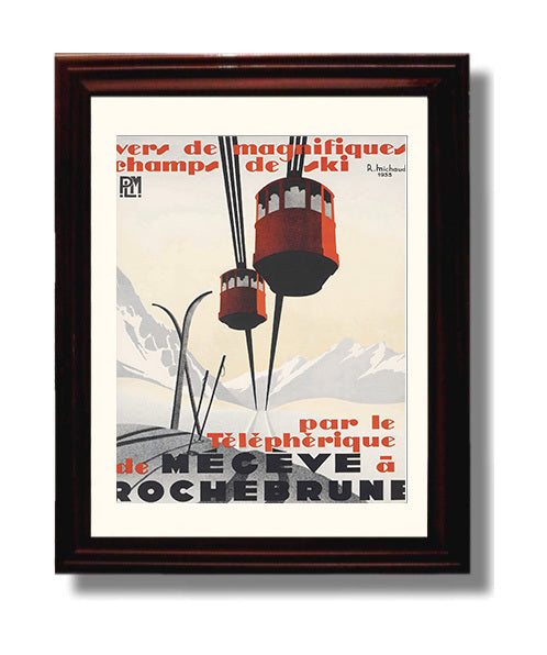 Megeve Rochebrune Cable Car Vintage Travel Print 8x10 Beveled Frame travel wall art print