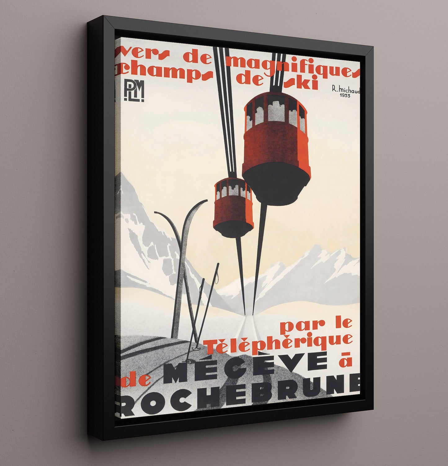Megeve Rochebrune Cable Car Vintage Travel Print 16x20 Framed Canvas travel wall art print