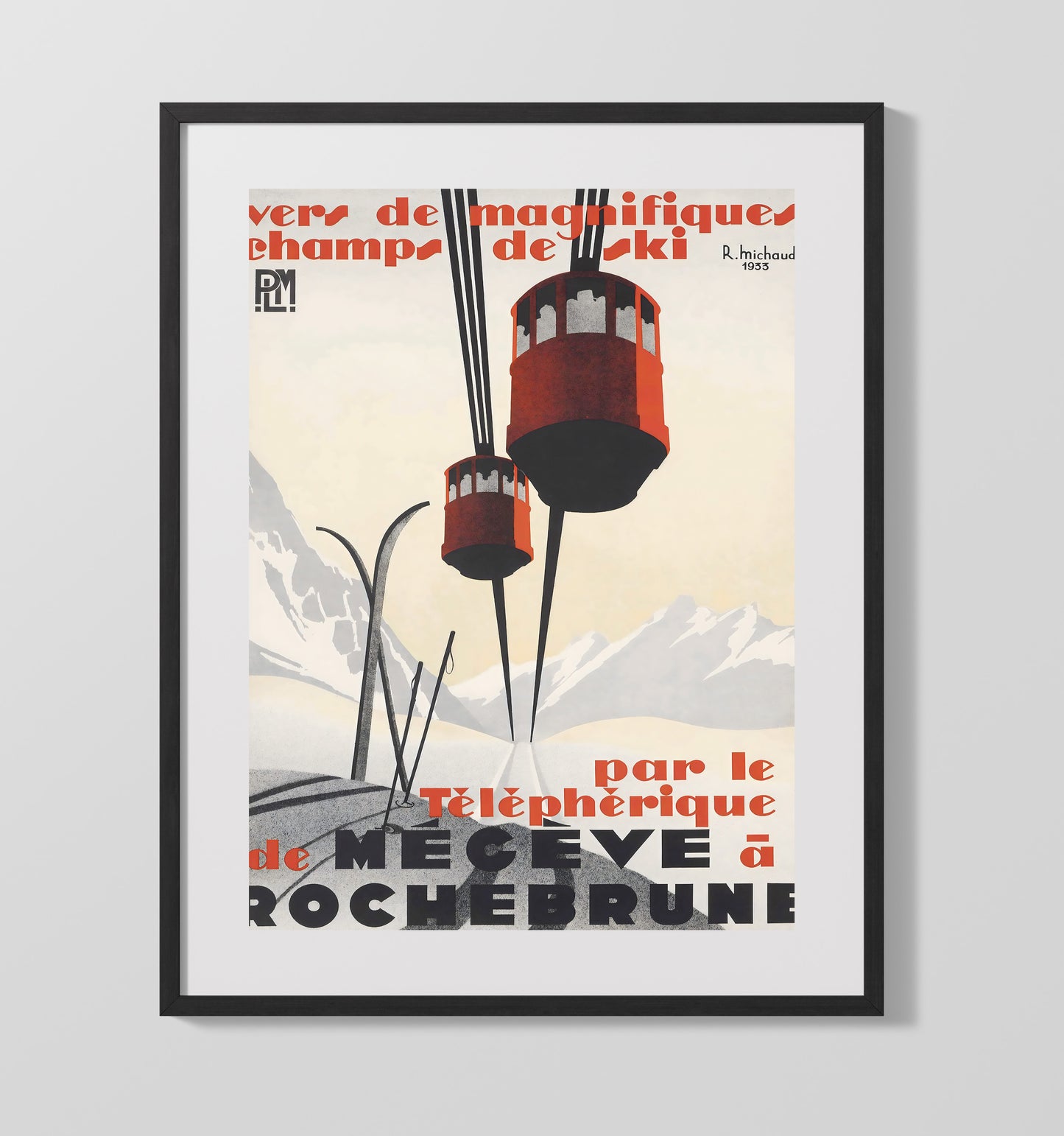 Megeve Rochebrune Cable Car Vintage Travel Print 16x20 Gallery Frame travel wall art print