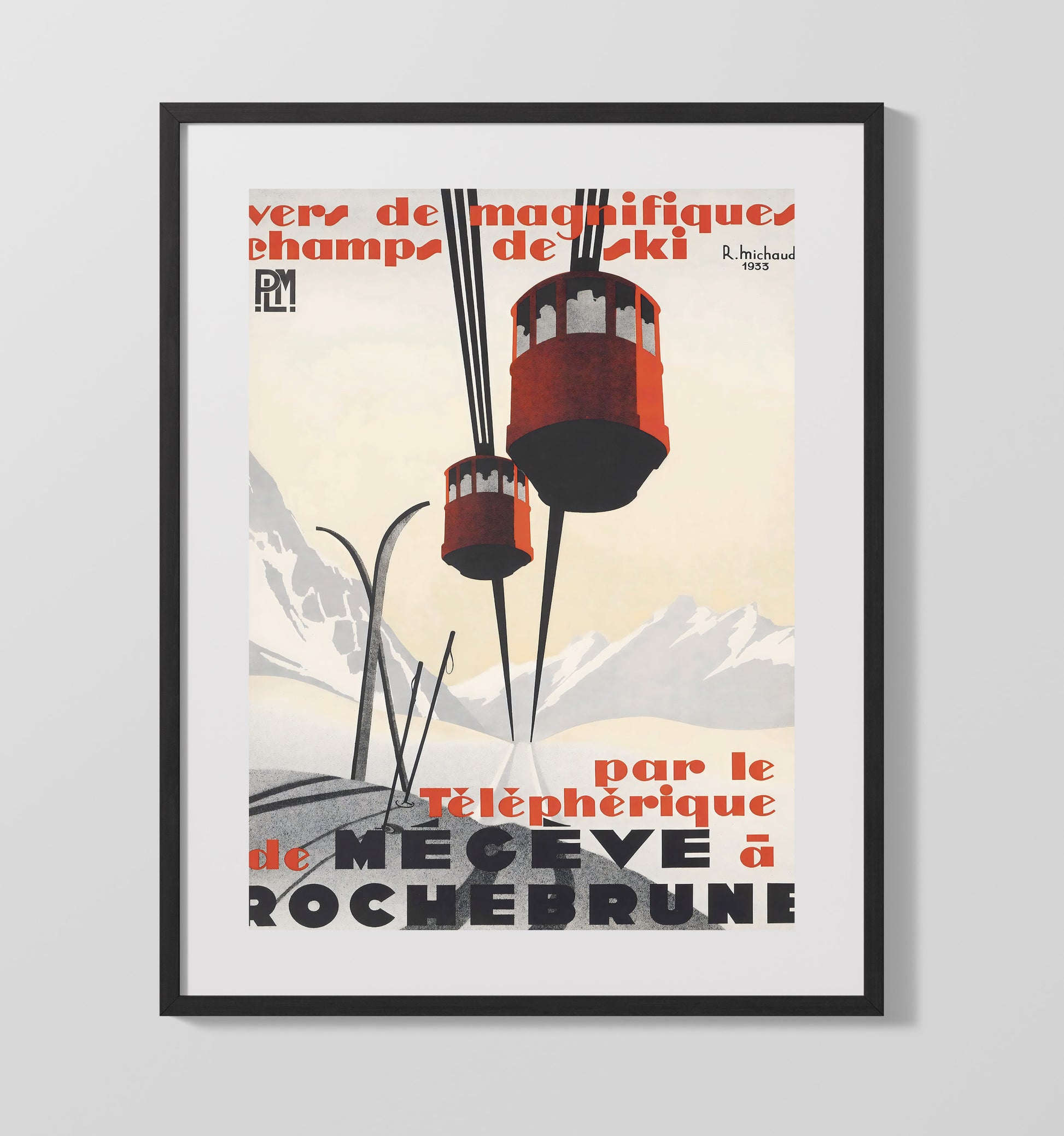 Megeve Rochebrune Cable Car Vintage Travel Print 16x20 Gallery Frame travel wall art print