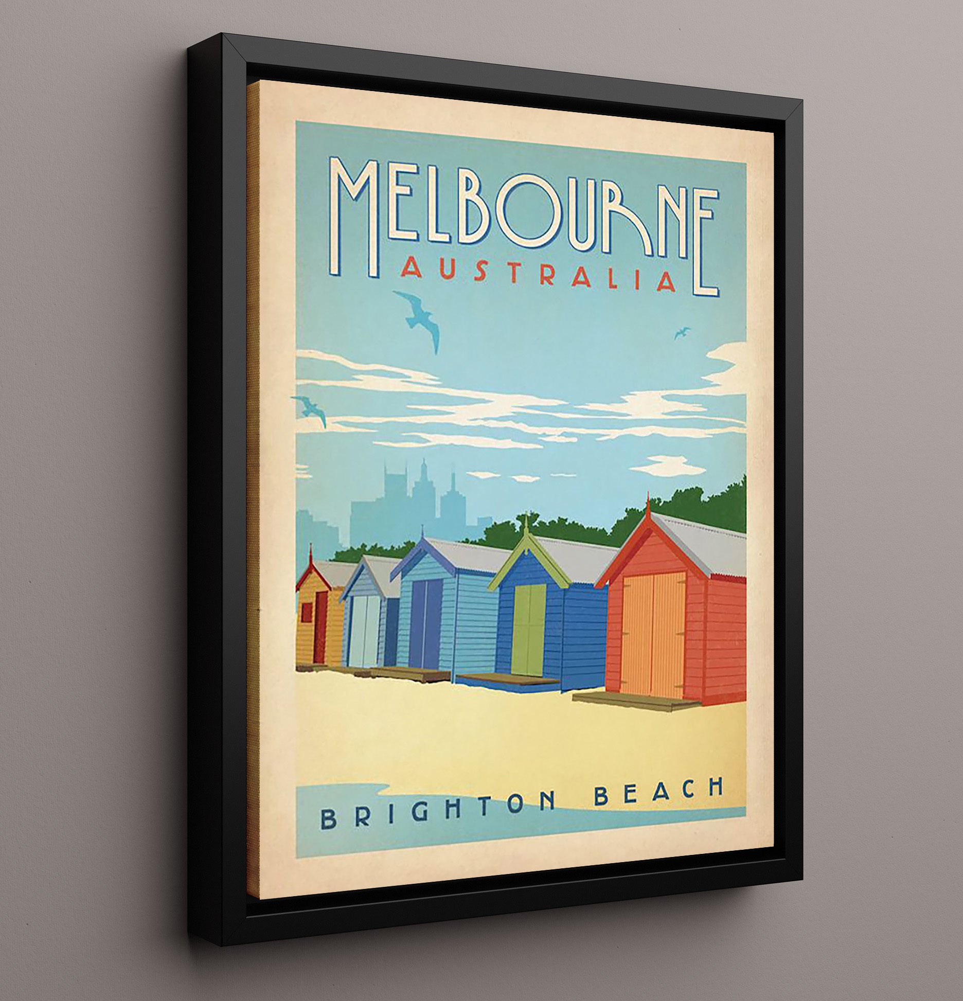 Melbourne Brighton Beach Vintage Travel Print 16x20 Framed Canvas travel wall art print
