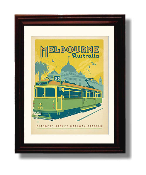 Melbourne City Circle Tram and Flinders Street Station Vintage Travel Print 8x10 Beveled Frame travel wall art print