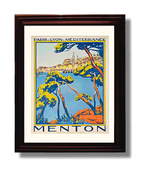 Menton French Riviera Vintage Travel Print 8x10 Beveled Frame travel wall art print