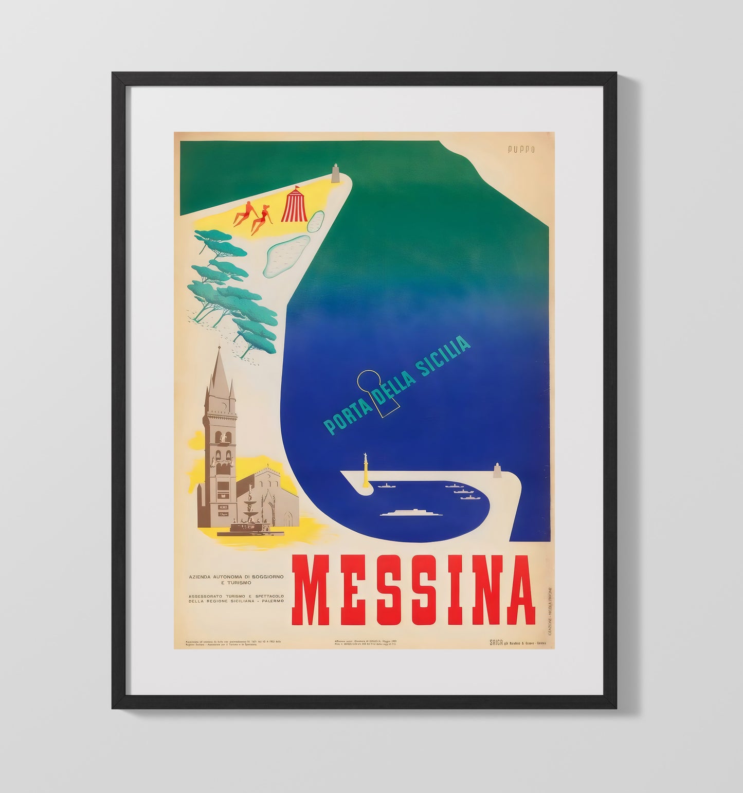 Messina Porta della Sicilia Vintage Travel Print 16x20 Gallery Frame travel wall art print