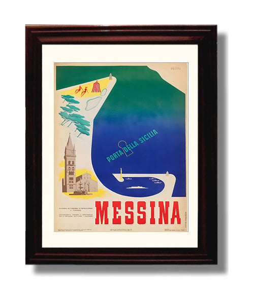 Messina Porta della Sicilia Vintage Travel Print 8x10 Beveled Frame travel wall art print