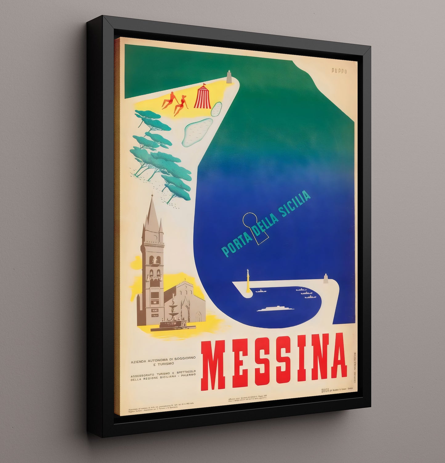 Messina Porta della Sicilia Vintage Travel Print 16x20 Framed Canvas travel wall art print