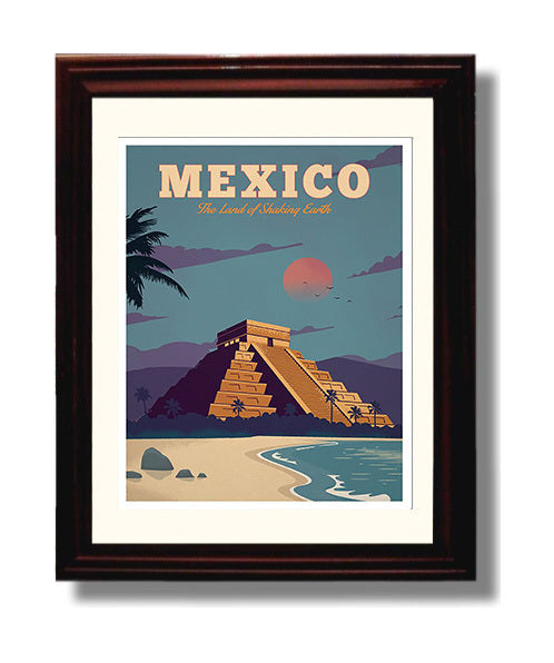 Mexico Chichen Itza Vintage Travel Print 8x10 Beveled Frame travel wall art print