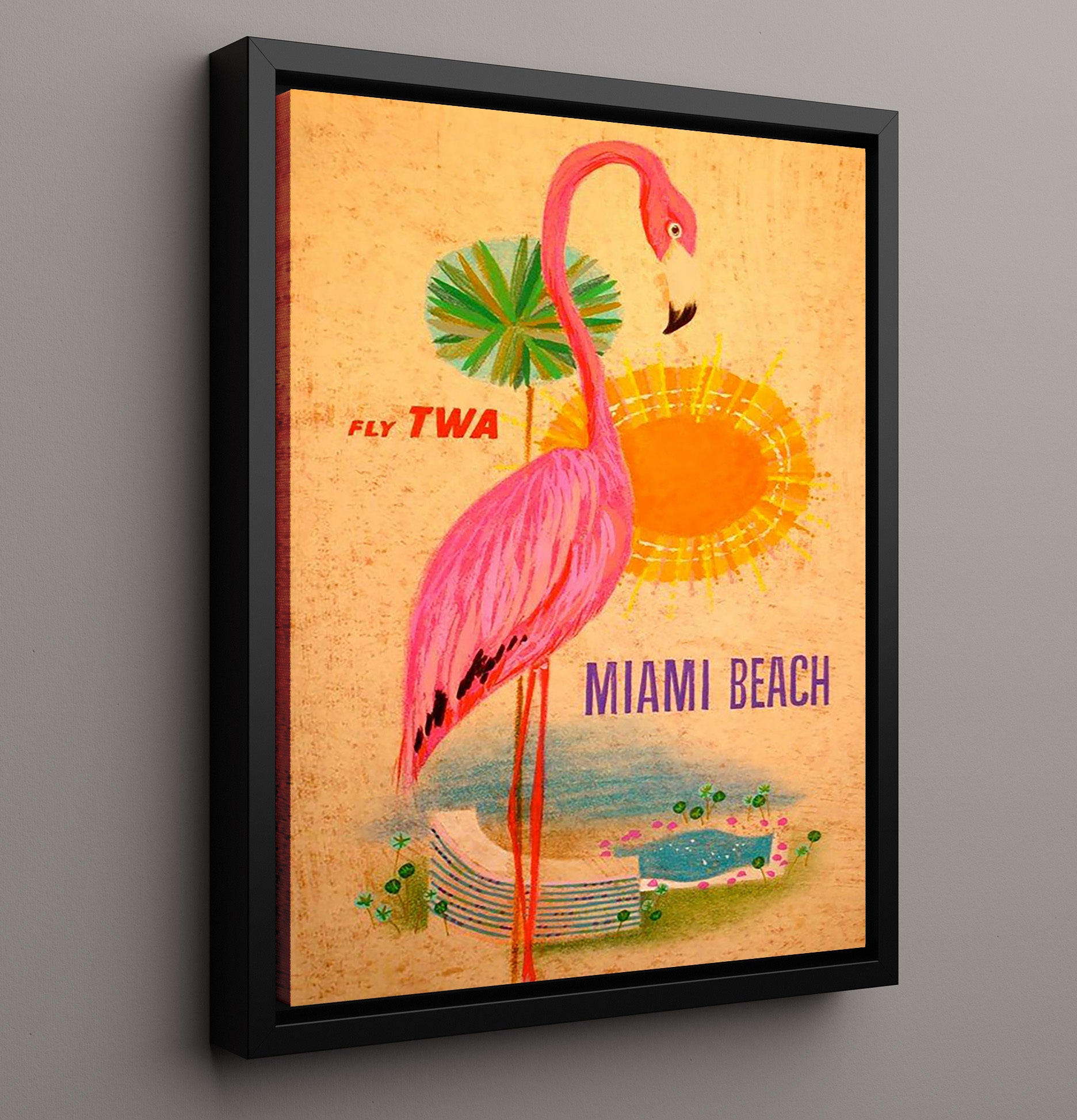 Miami TWA Flamingo Vintage Travel Print 16x20 Framed Canvas travel wall art print