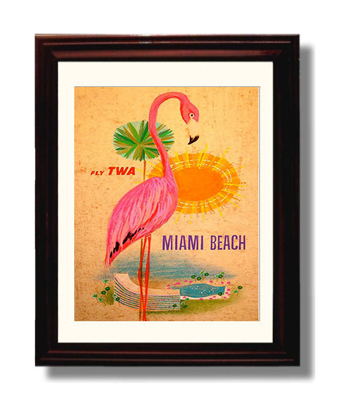 Miami TWA Flamingo Vintage Travel Print 8x10 Beveled Frame travel wall art print