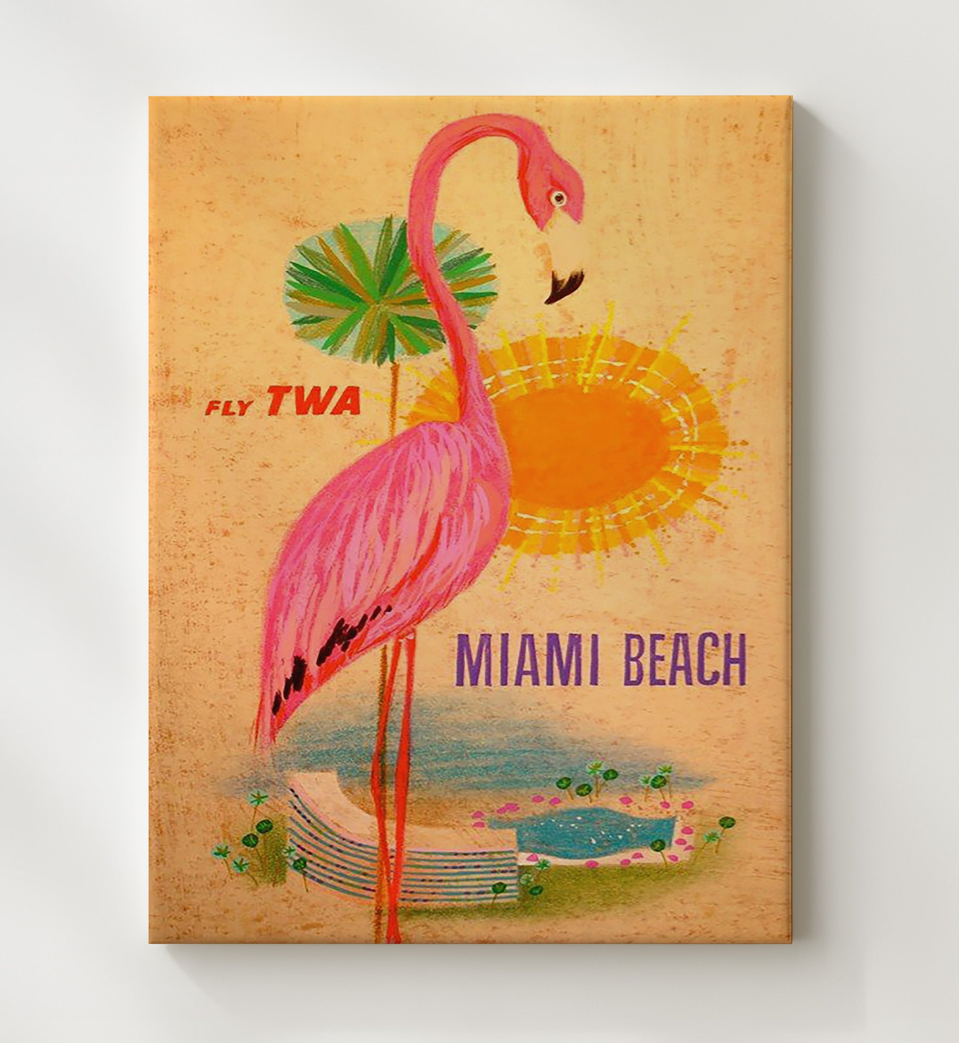 Miami TWA Flamingo Vintage Travel Print 20x24 Canvas travel wall art print
