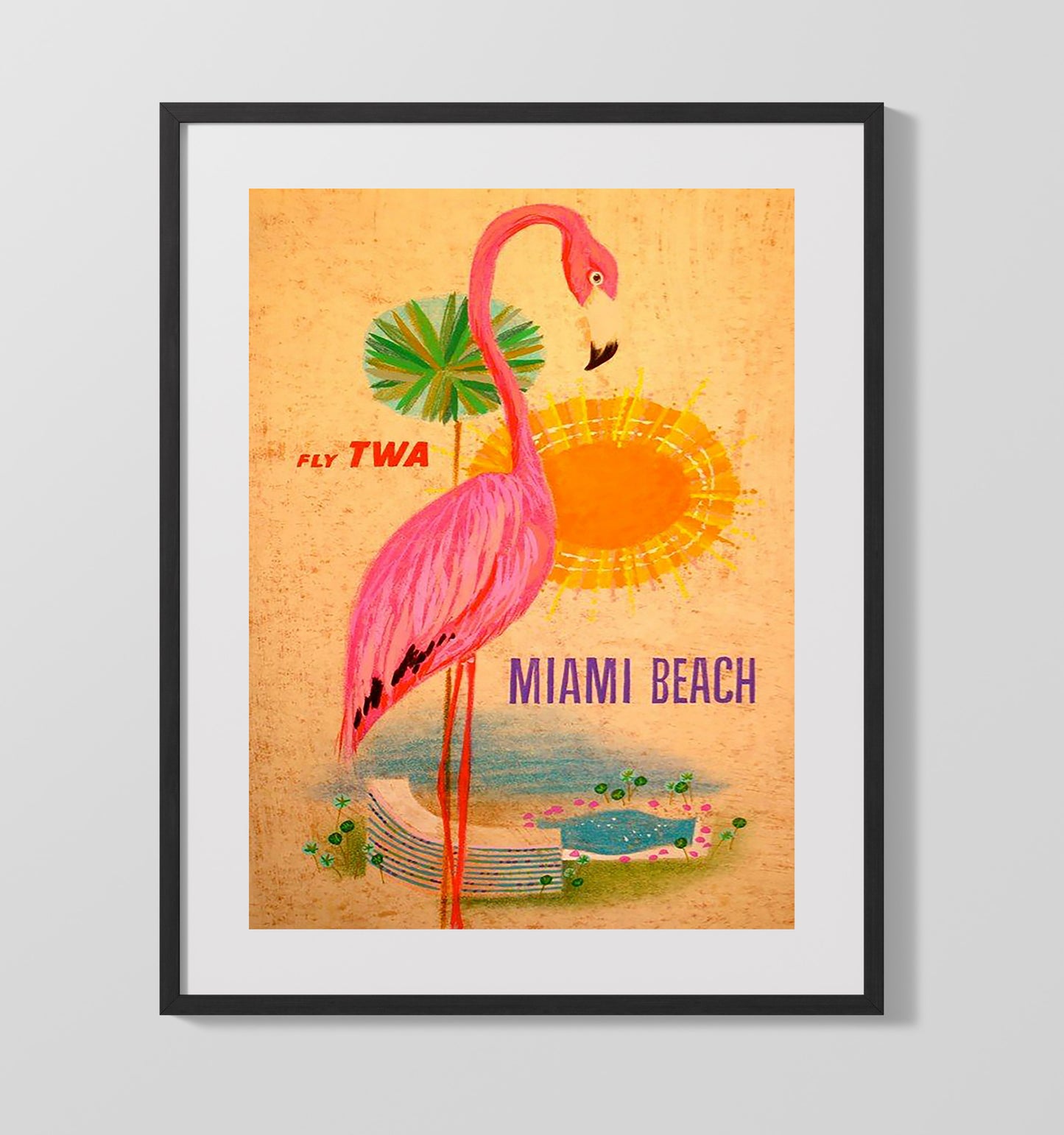 Miami TWA Flamingo Vintage Travel Print 16x20 Gallery Frame travel wall art print