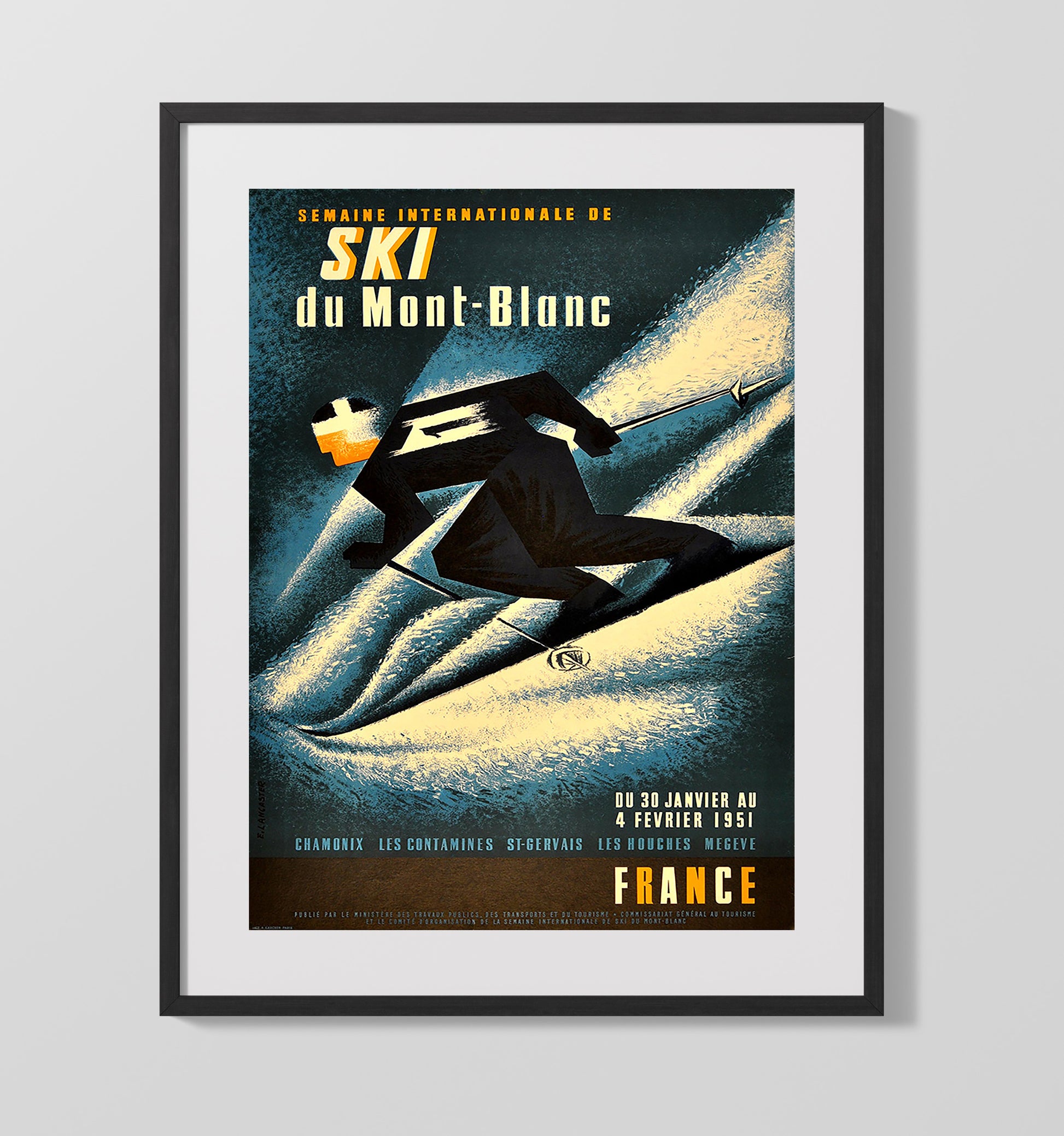 Mont Blanc Ski Vintage Travel Print 16x20 Gallery Frame travel wall art print