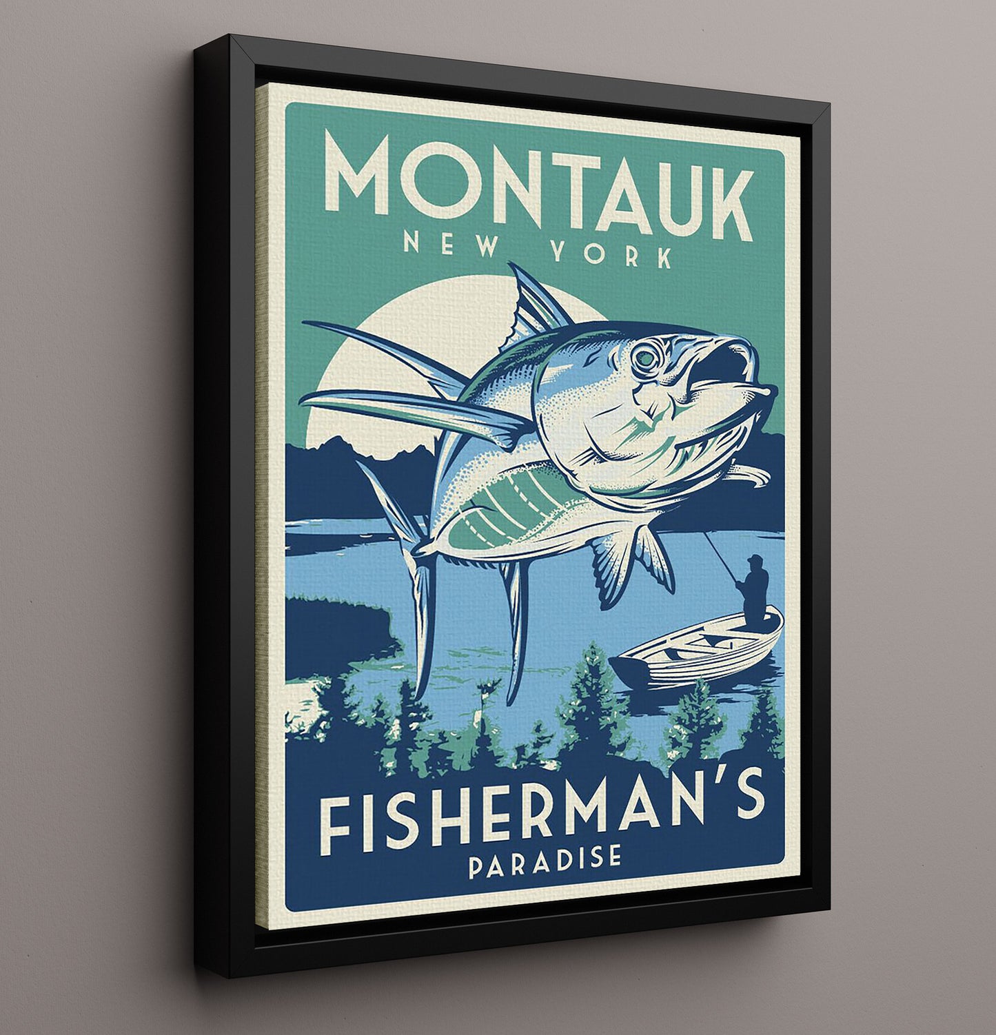 Montauk Fishermans Paradise Vintage Travel Print 16x20 Framed Canvas travel wall art print