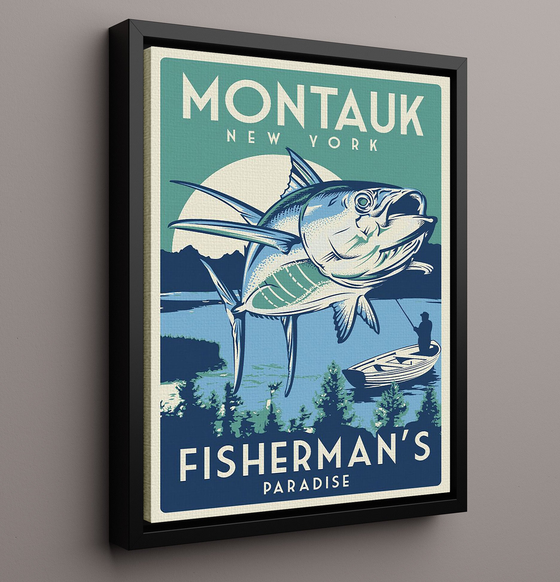 Montauk Fishermans Paradise Vintage Travel Print 16x20 Framed Canvas travel wall art print