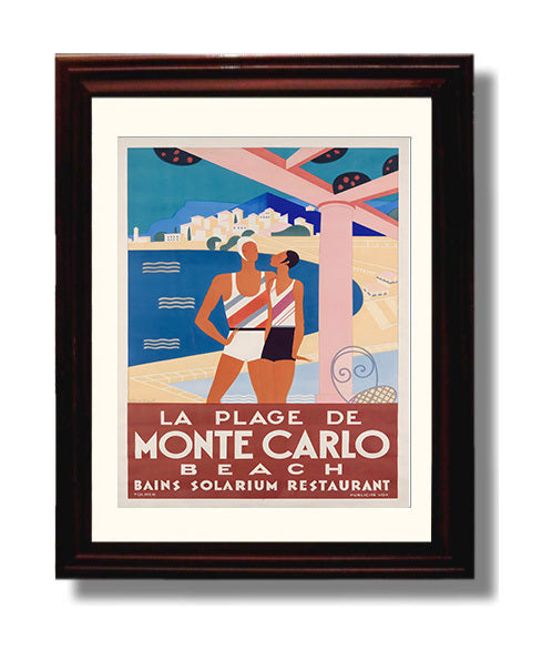 Monte Carlo La Plage Vintage Travel Print 8x10 Beveled Frame travel wall art print