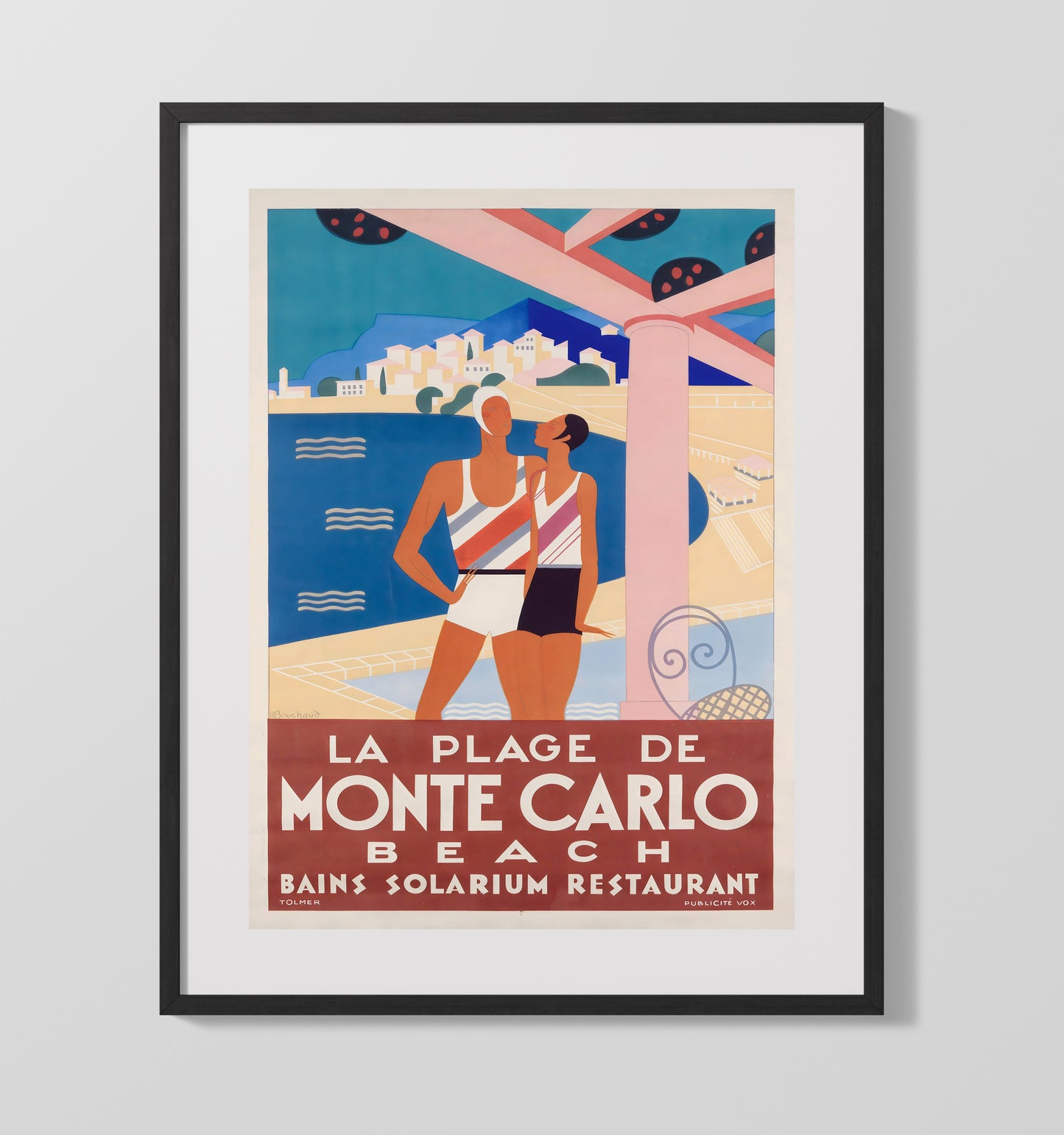 Monte Carlo La Plage Vintage Travel Print 16x20 Gallery Frame travel wall art print