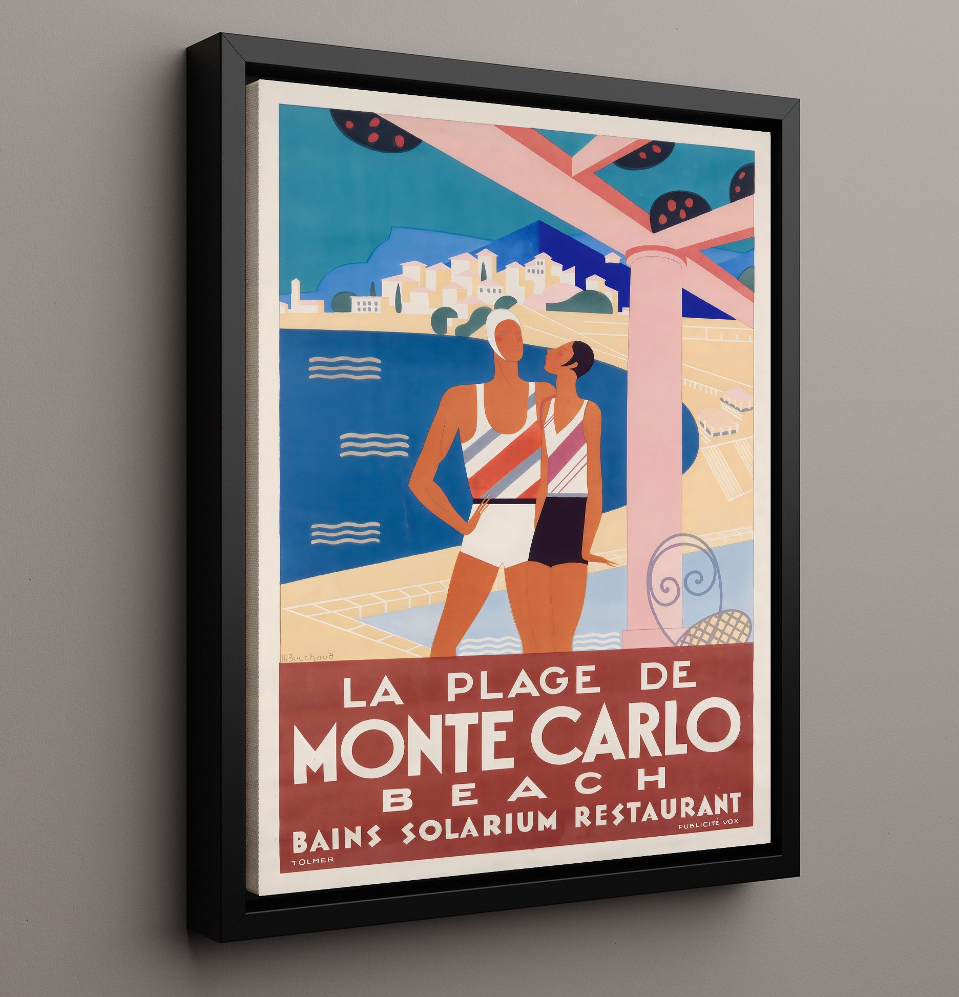 Monte Carlo La Plage Vintage Travel Print 16x20 Framed Canvas travel wall art print