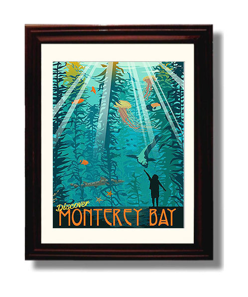Monterey Bay Aquarium Scene Vintage Travel Print 8x10 Beveled Frame travel wall art print
