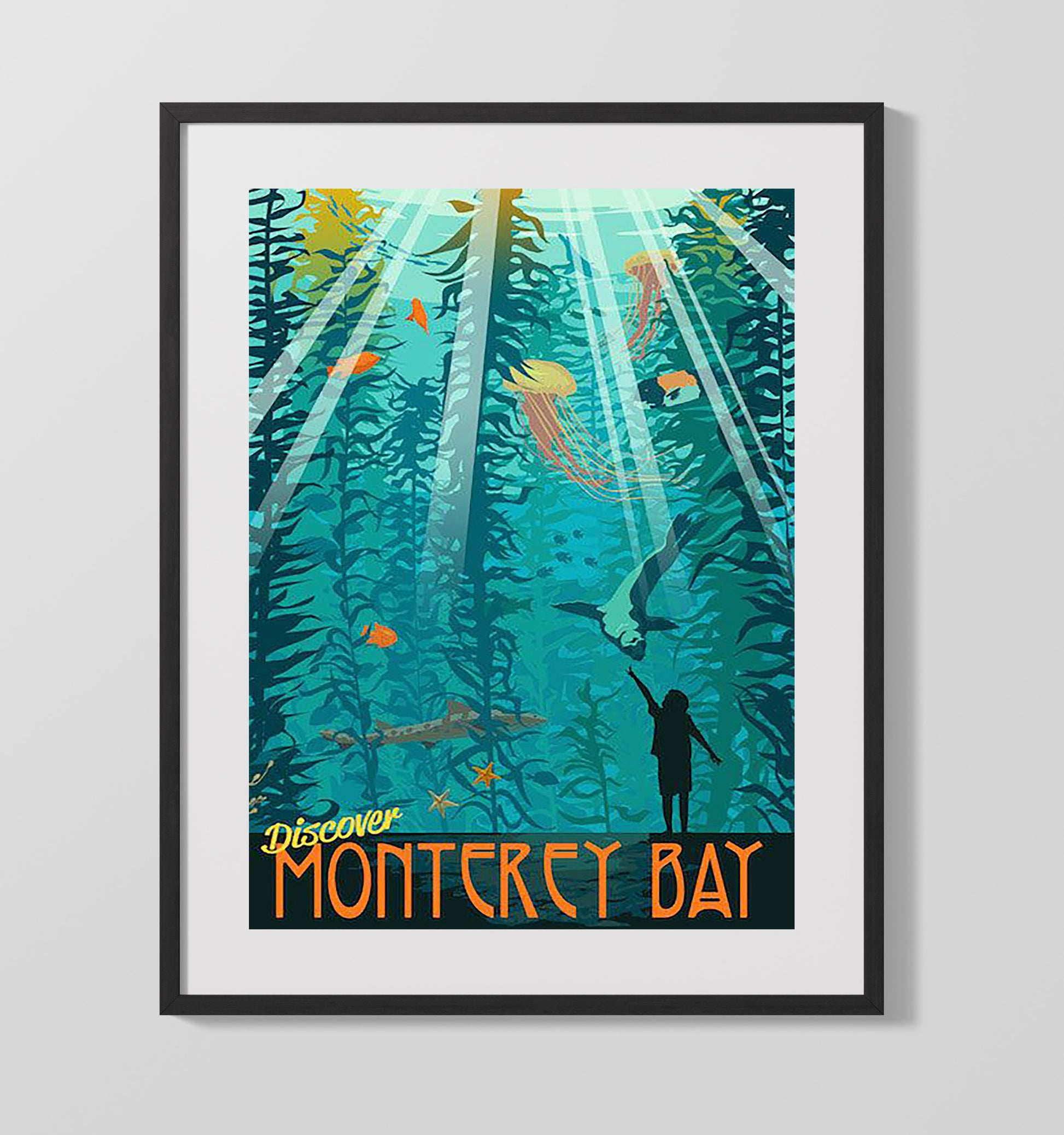 Monterey Bay Aquarium Scene Vintage Travel Print 16x20 Gallery Frame travel wall art print