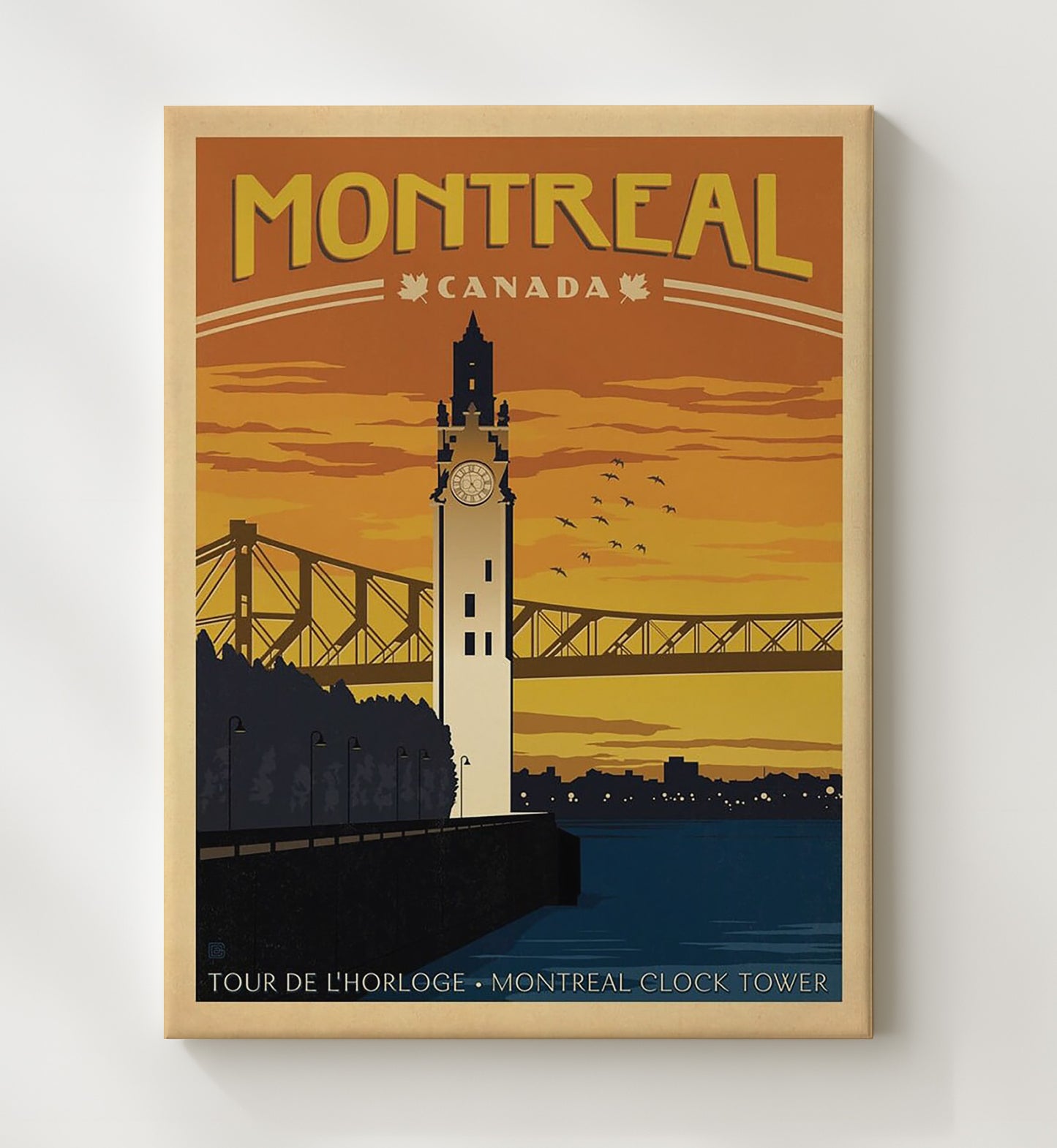 Montreal Clock Tower Vintage Travel Print 20x24 Canvas travel wall art print