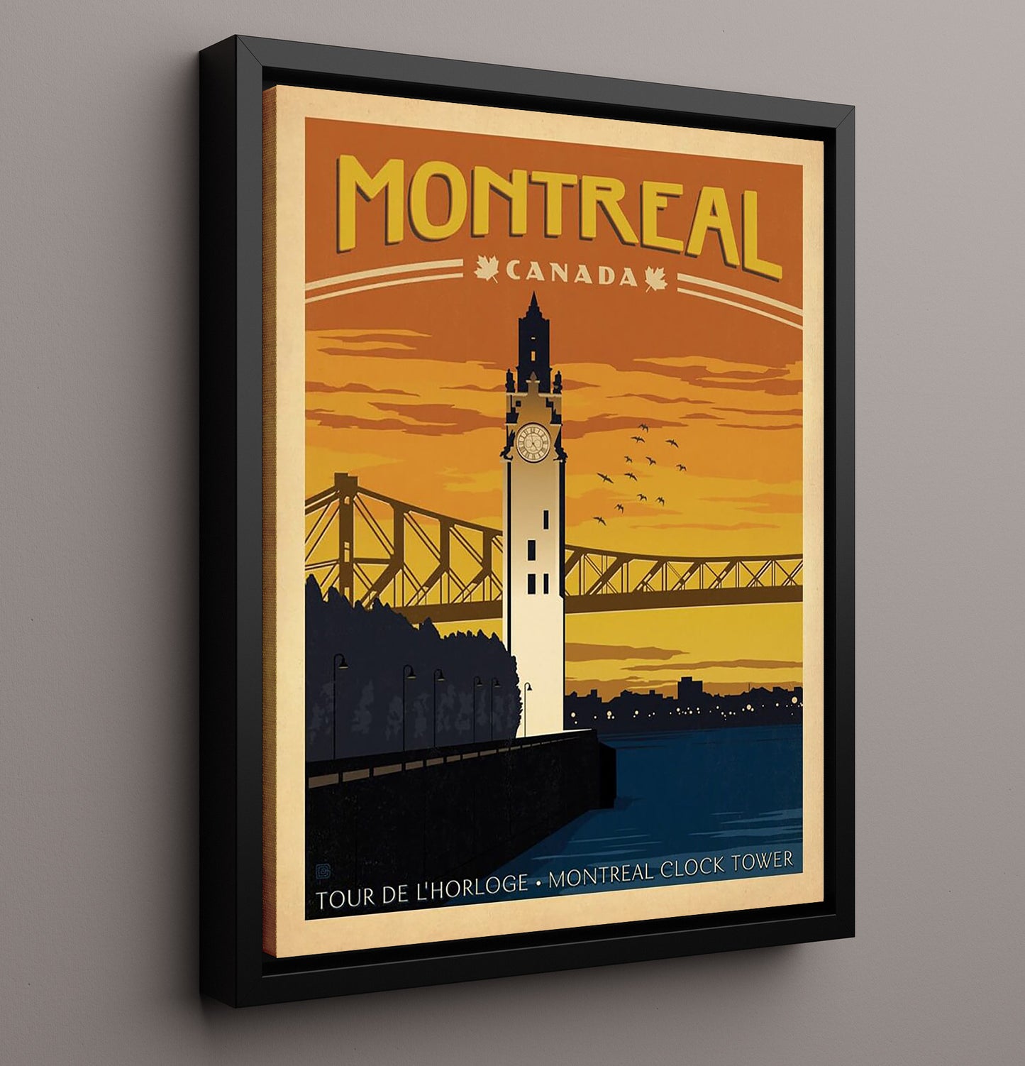 Montreal Clock Tower Vintage Travel Print 16x20 Framed Canvas travel wall art print