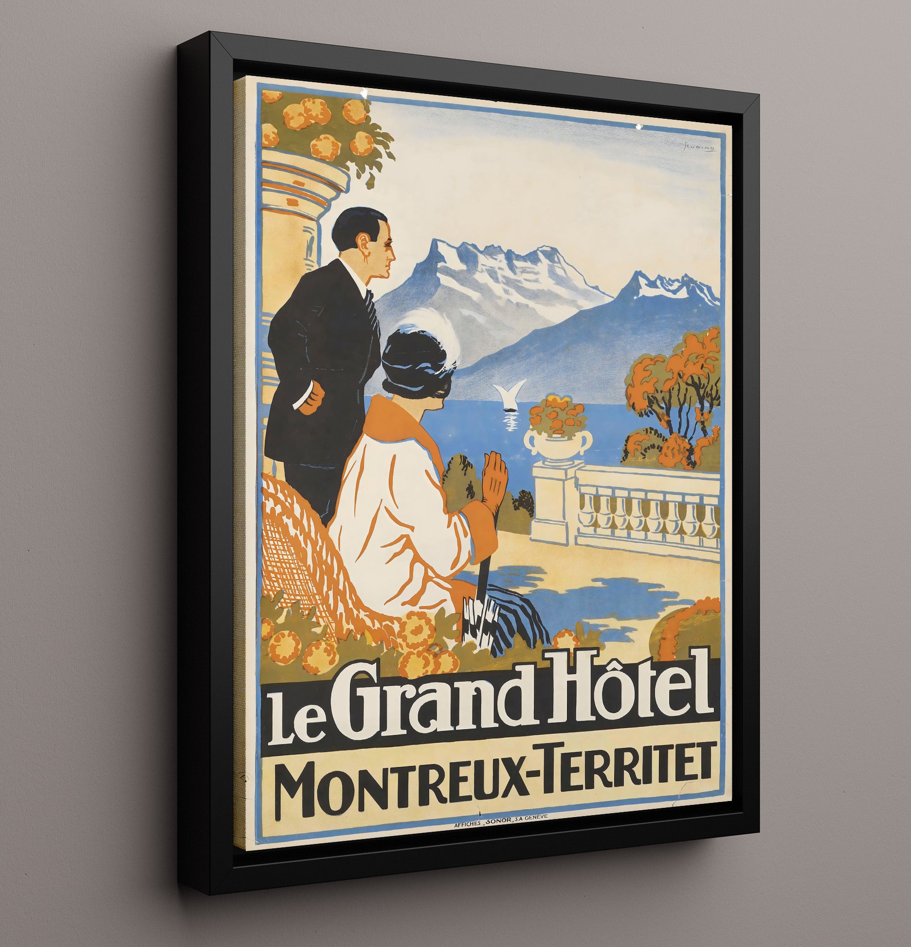 Montreux Grand Hotel Vintage Travel Print 16x20 Framed Canvas travel wall art print