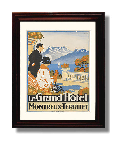 Montreux Grand Hotel Vintage Travel Print 8x10 Beveled Frame travel wall art print