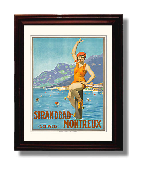 Montreux Strandbad Swimming Vintage Travel Print 8x10 Beveled Frame travel wall art print