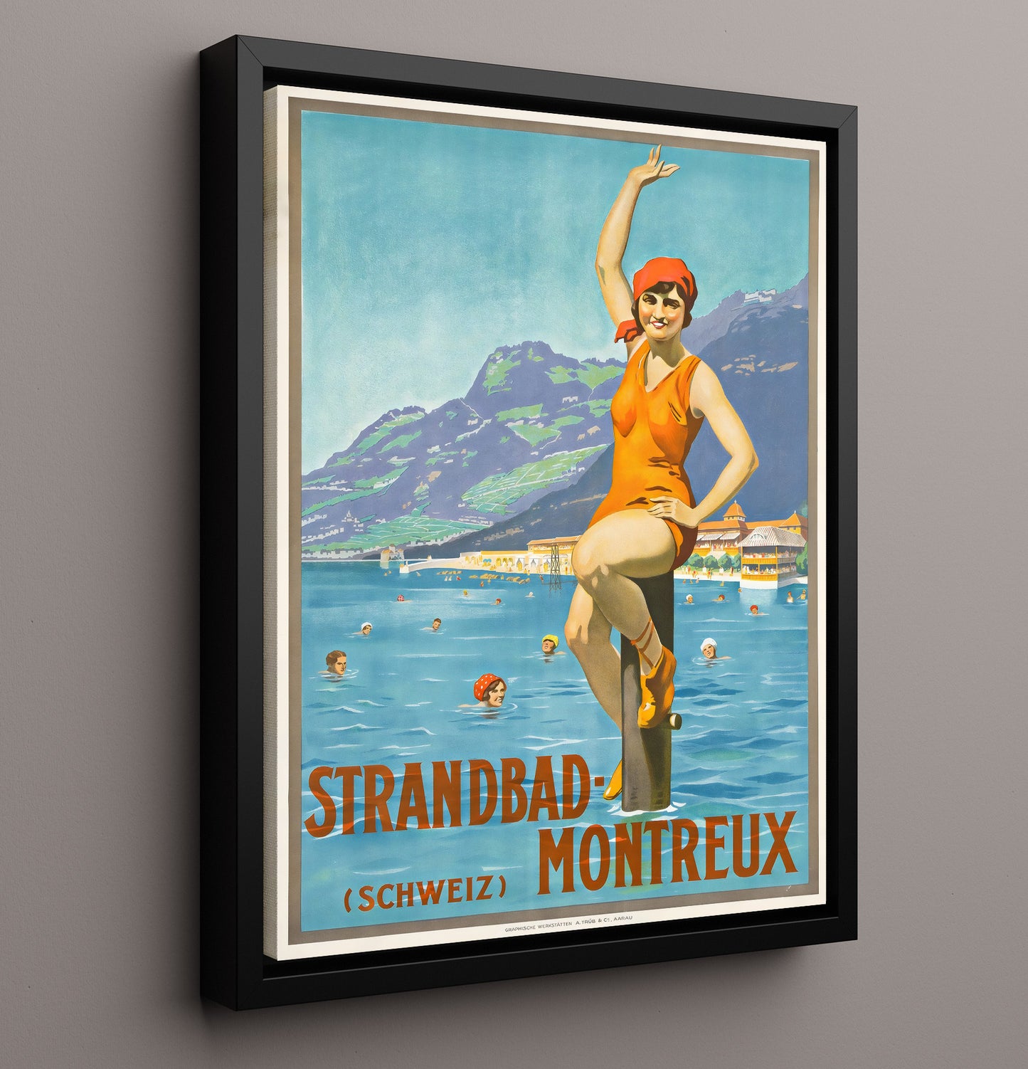 Montreux Strandbad Swimming Vintage Travel Print 16x20 Framed Canvas travel wall art print