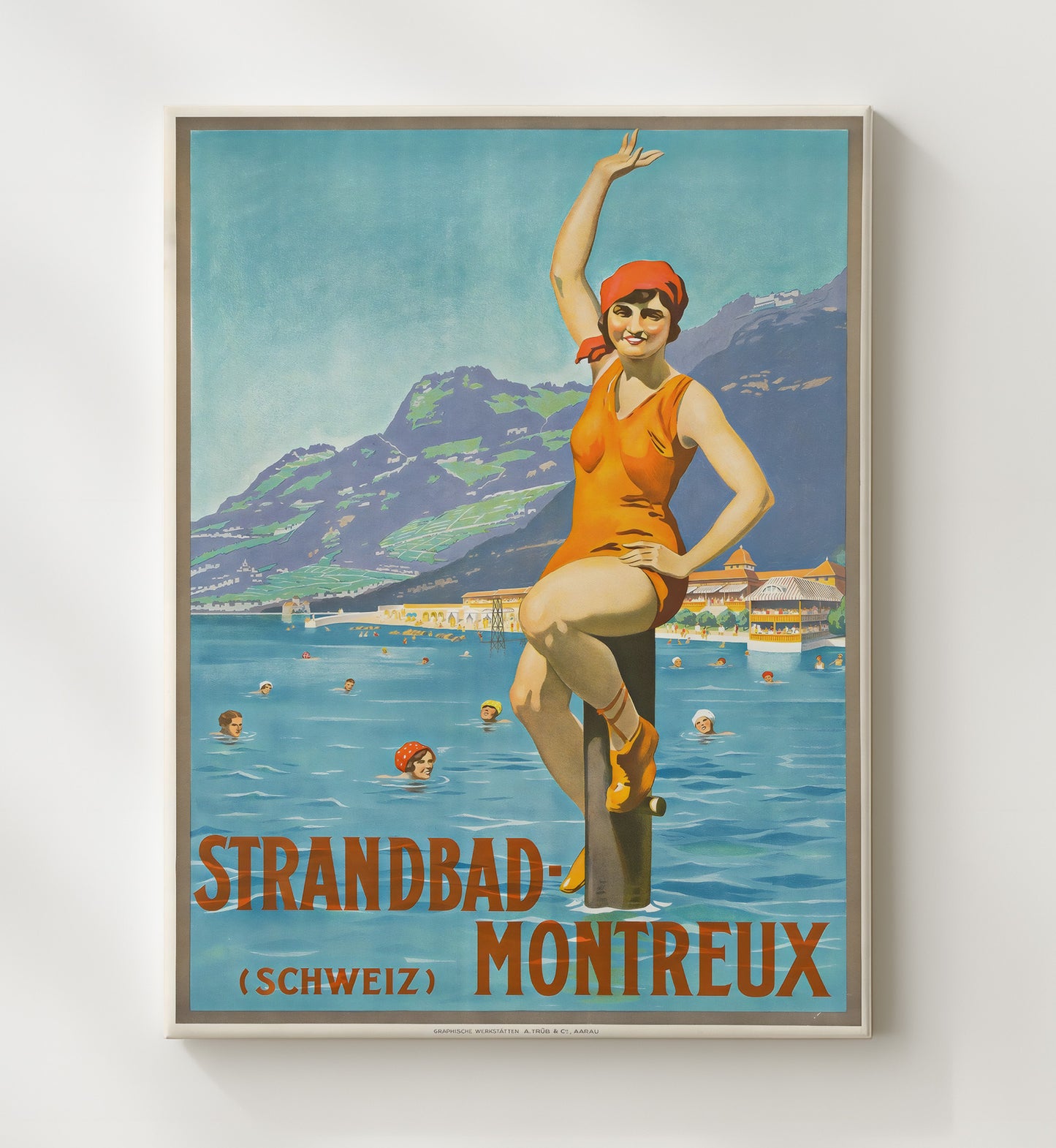 Montreux Strandbad Swimming Vintage Travel Print 20x24 Canvas travel wall art print