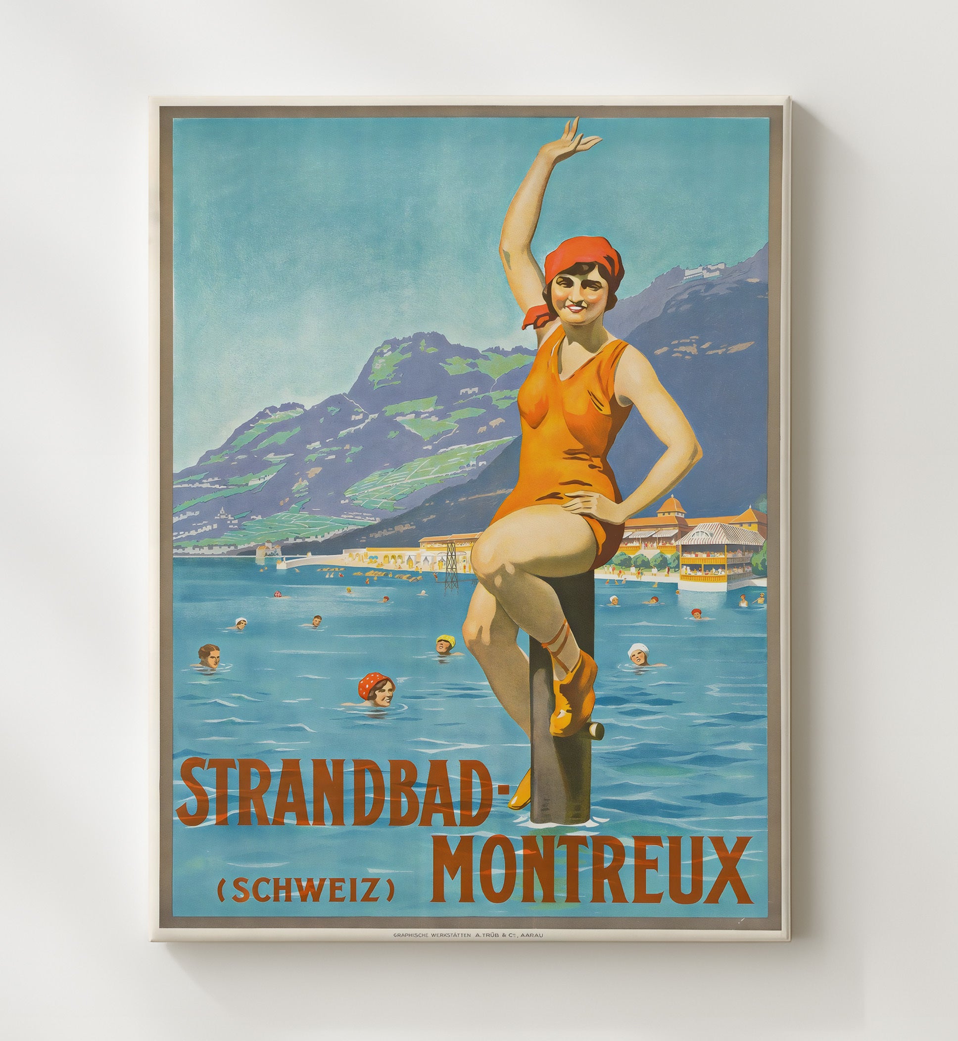 Montreux Strandbad Swimming Vintage Travel Print 20x24 Canvas travel wall art print