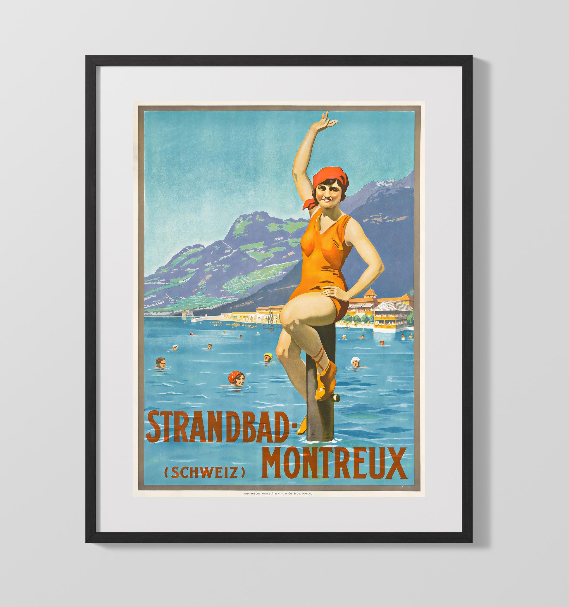 Montreux Strandbad Swimming Vintage Travel Print 16x20 Gallery Frame travel wall art print