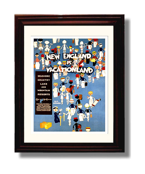 New England Vacationland Vintage Travel Print 8x10 Beveled Frame travel wall art print