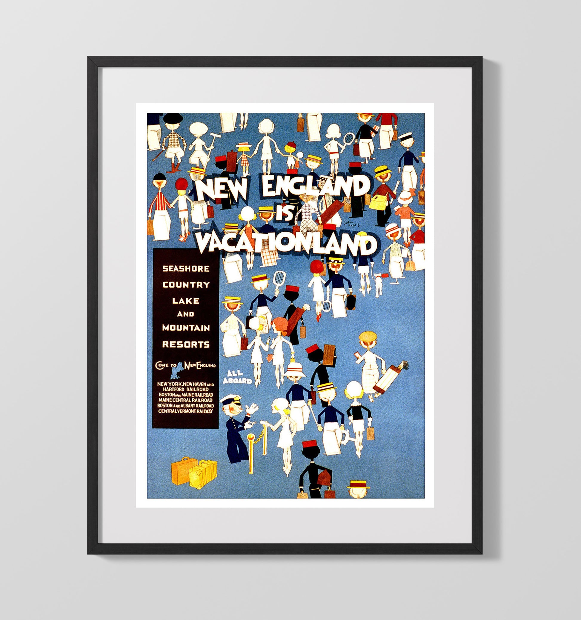 New England Vacationland Vintage Travel Print 16x20 Gallery Frame travel wall art print