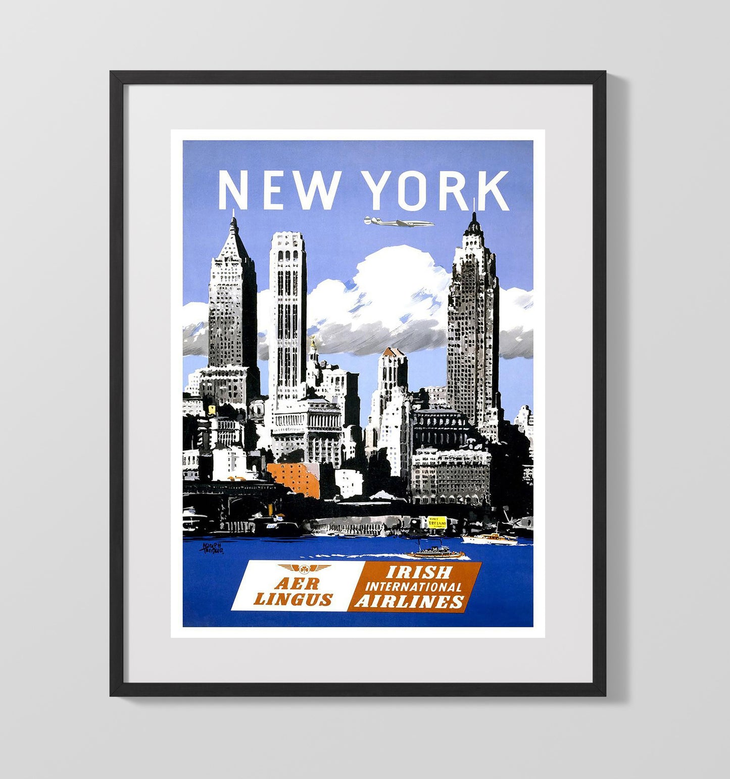 New York AerLingus Vintage Travel Print 16x20 Gallery Frame travel wall art print
