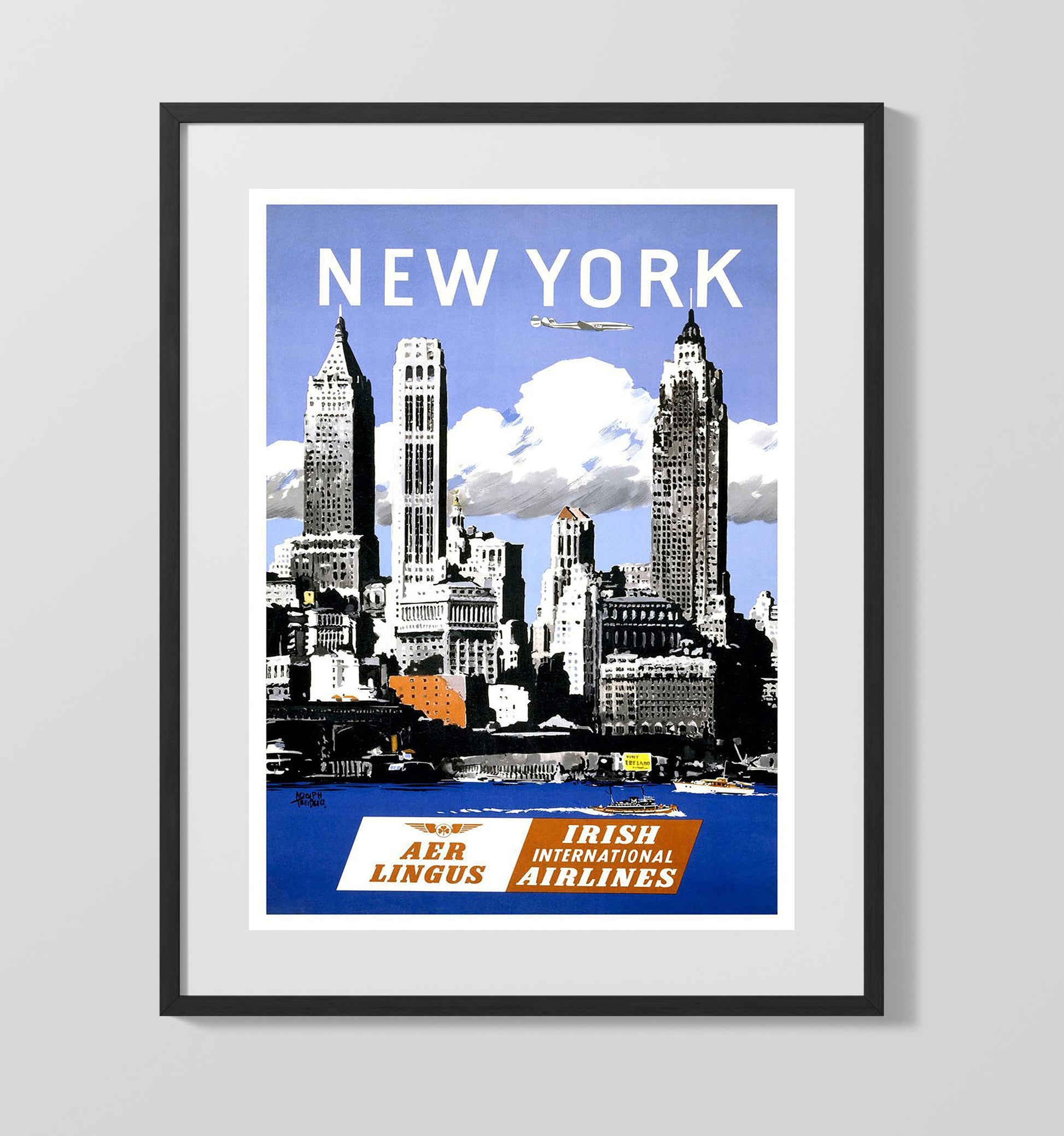 New York AerLingus Vintage Travel Print 16x20 Gallery Frame travel wall art print