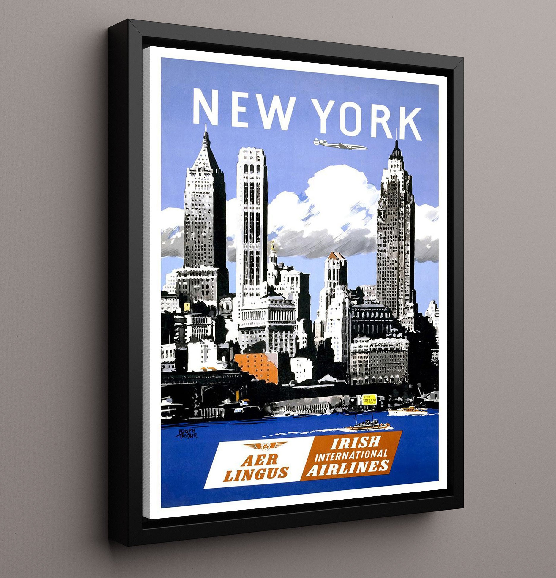 New York AerLingus Vintage Travel Print 16x20 Framed Canvas travel wall art print