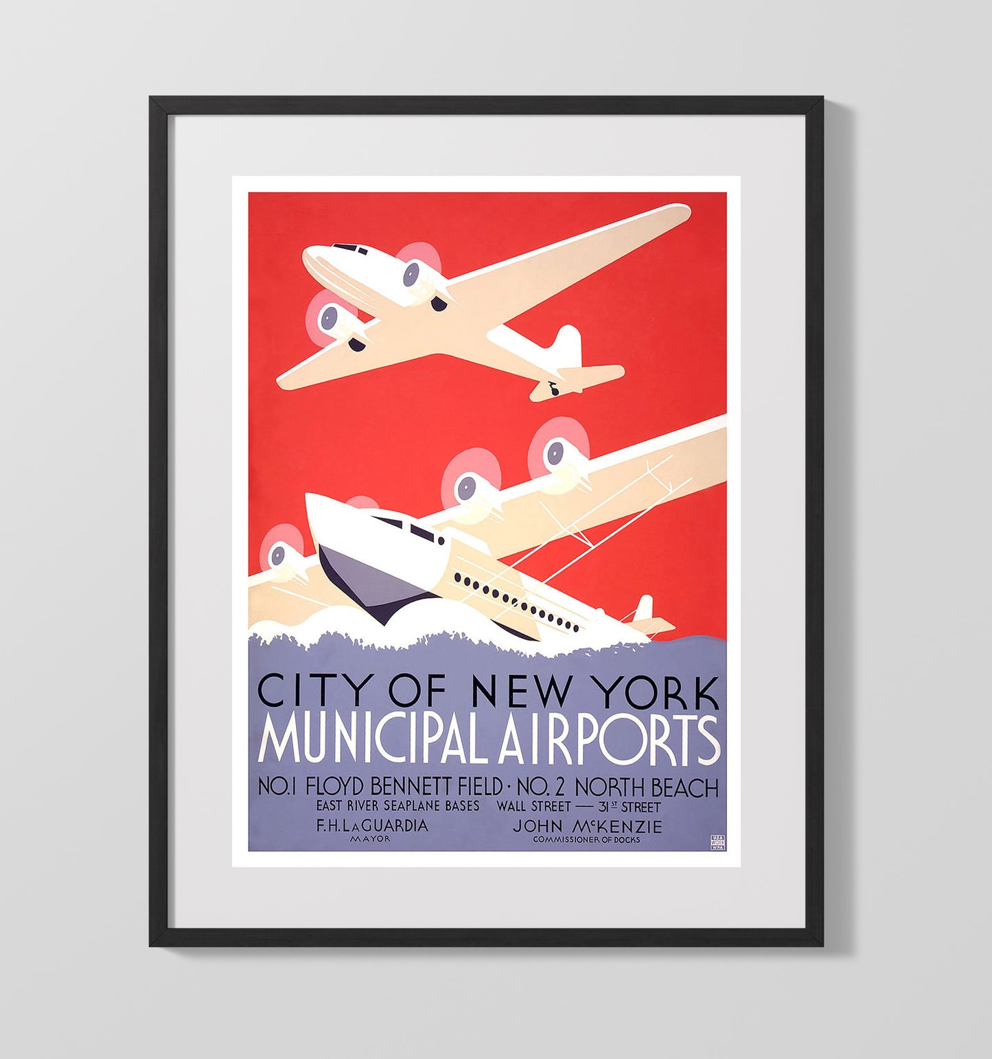 New York MunicipalAirports Vintage Travel Print 16x20 Gallery Frame travel wall art print
