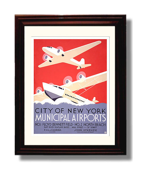 New York MunicipalAirports Vintage Travel Print 8x10 Beveled Frame travel wall art print