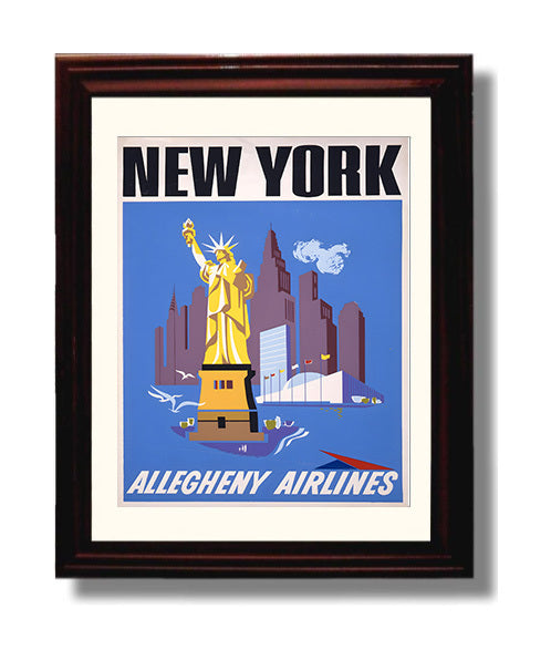 New York Statue of Liberty Vintage Travel Print 8x10 Beveled Frame travel wall art print