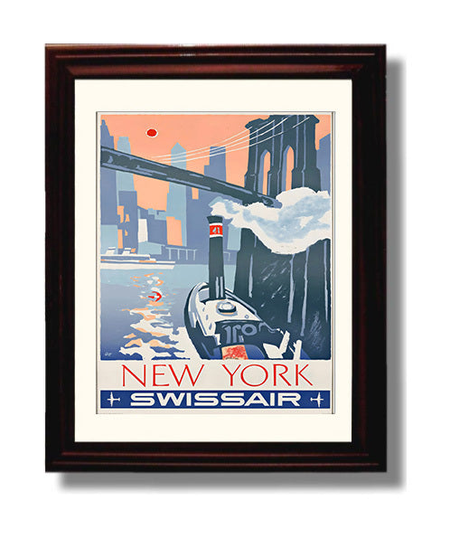 New York Swissair Travel Vintage Travel Print 8x10 Beveled Frame travel wall art print