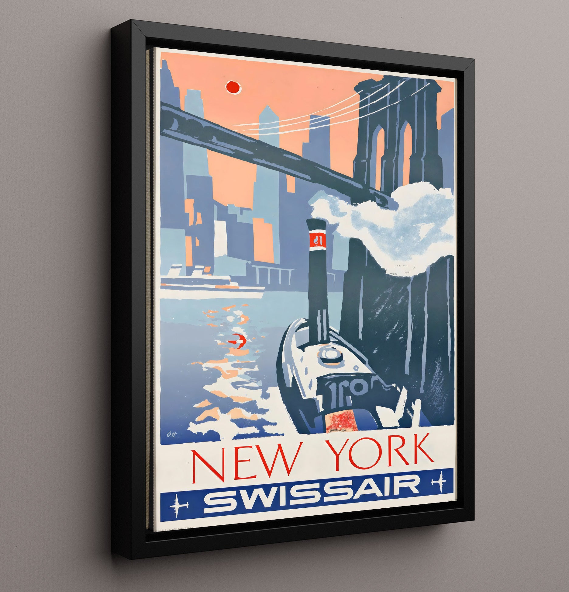 New York Swissair Travel Vintage Travel Print 16x20 Framed Canvas travel wall art print